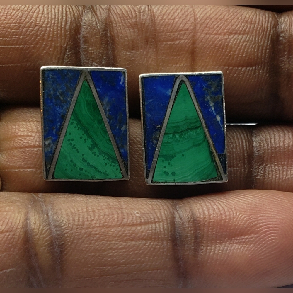 Rectangular Malachite /Lapis Inlay Vintage Sterli… - image 3